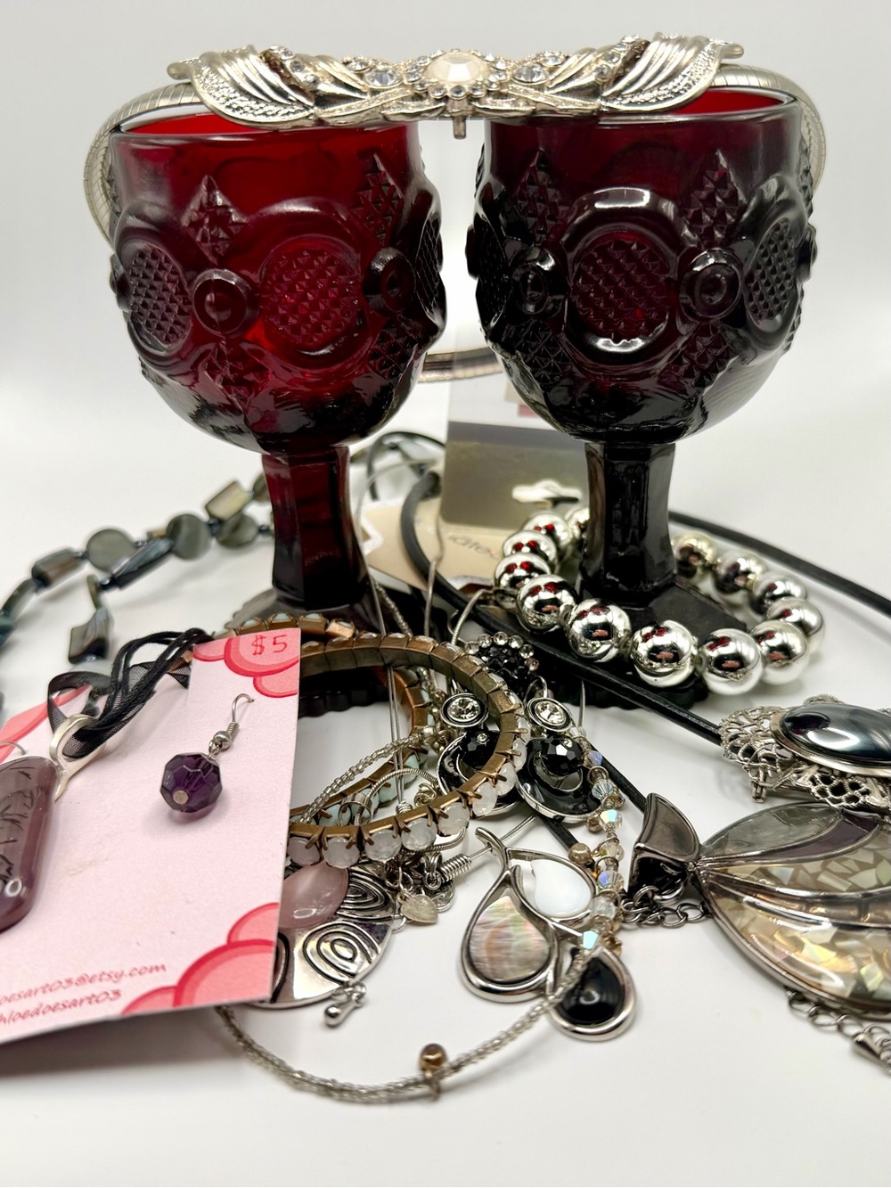 Mystery Jewelry Vintage Ruby Red Glass Goblets Earrings Display Accent
